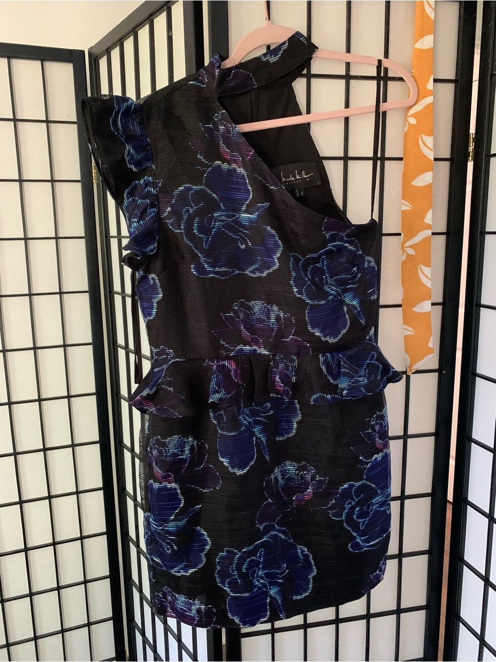 Nicole Miller Black One-Shoulder Dress with Blue & Purple Floral